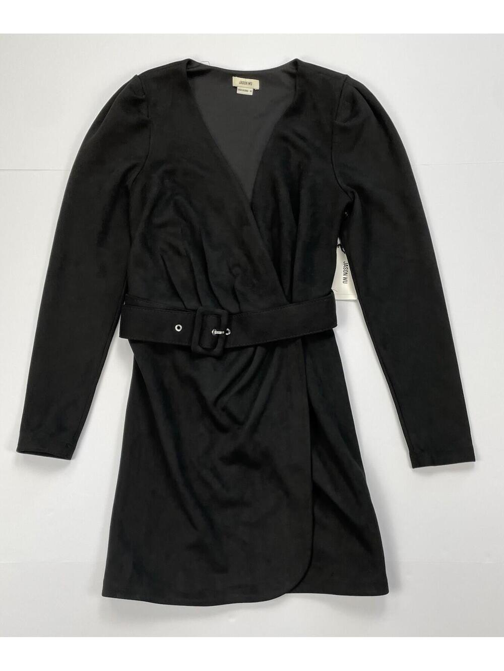 Jason Wu Faux Suede Belted Wrap Dress Black XS Long Sleeve Cocktail Party LBD - Picture 3 of 11